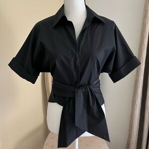 Michael Kors Black Wrap Self Long Sarong Tie Short Sleeve Cotton Shirt. Size 8